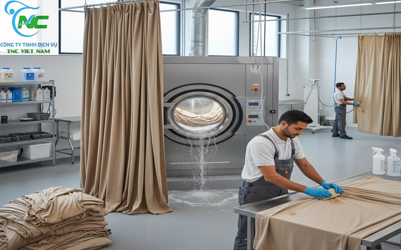 Kỹ thuật viên giặt rèm tại nhà bằng máy chuyên dụng