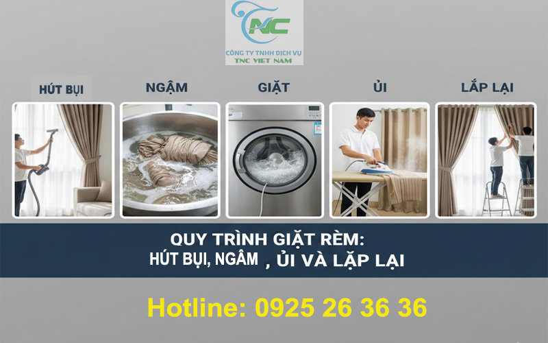 Quy trình giặt rèm: hút bụi, ngâm, giặt, ủi và lắp lại