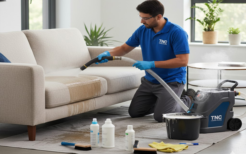 nhân viên đang vệ sinh sofa