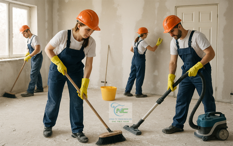 nhân viên đang dọn nhà sau khi xây dựng